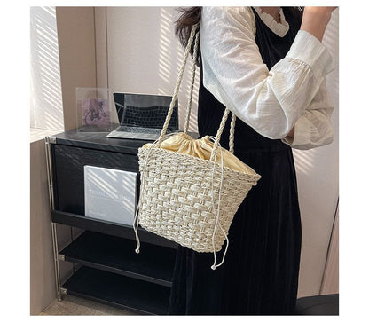 Woven Drawstring Bucket Bag