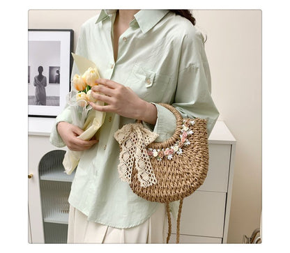 Floral Lace Bow Top Handle Crossbody Bag