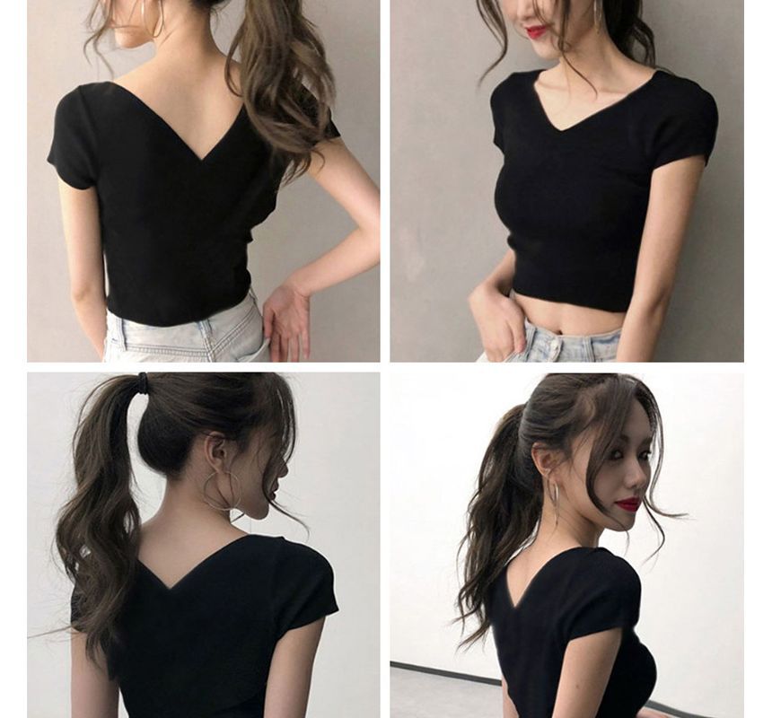 V-Neck Short-Sleeve Plain Cropped T-Shirt
