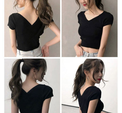 V-Neck Short-Sleeve Plain Cropped T-Shirt