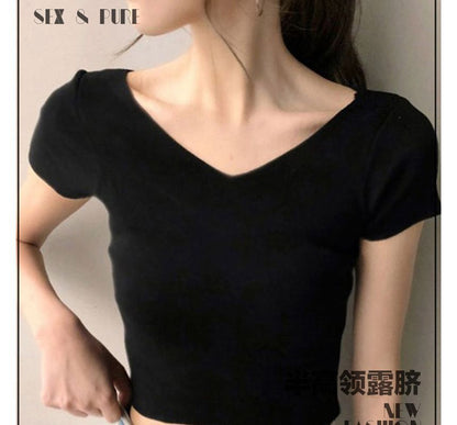 V-Neck Short-Sleeve Plain Cropped T-Shirt