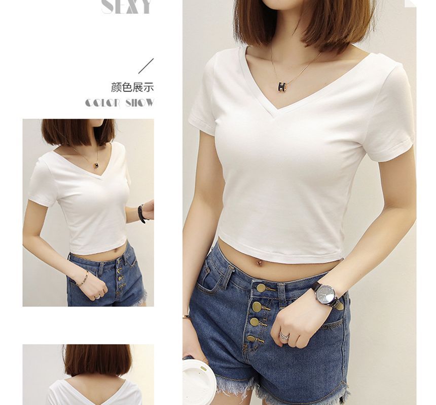 V-Neck Short-Sleeve Plain Cropped T-Shirt