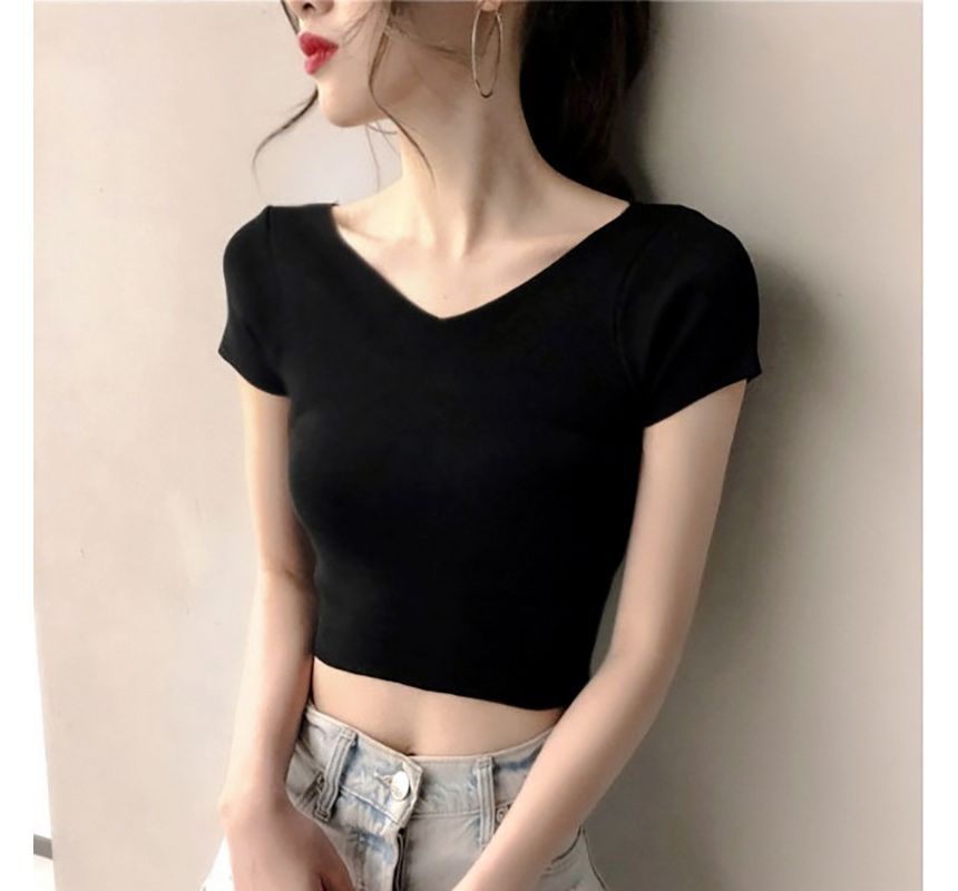 V-Neck Short-Sleeve Plain Cropped T-Shirt