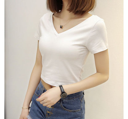 V-Neck Short-Sleeve Plain Cropped T-Shirt