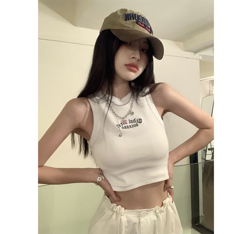 Tank Embroidered Top Neck Crop Crew Letter