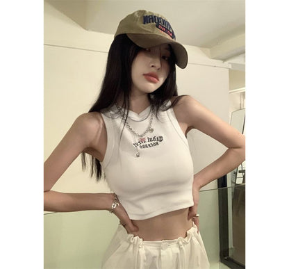 Tank Embroidered Top Neck Crop Crew Letter