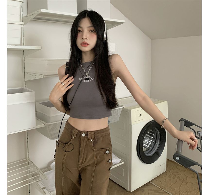 Tank Embroidered Top Neck Crop Crew Letter