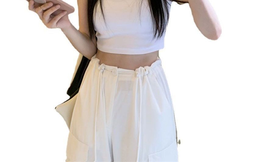 Tank Embroidered Top Neck Crop Crew Letter