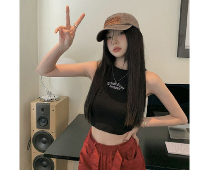 Tank Embroidered Top Neck Crop Crew Letter