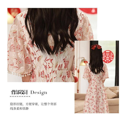 Short-Sleeve Mandarin Collar Floral Patterned Faux Pearl Midi A-Line Cocktail Dress