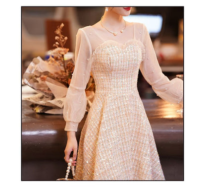 Long-Sleeve Frill Faux Pearl Sequin Panel Tweed A-Line Dress