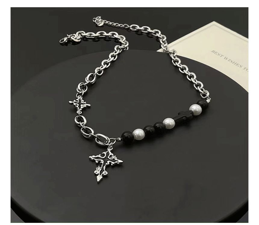 Cross Pendant Faux Pearl Alloy Necklace