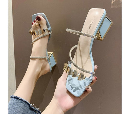 Square-Toe Block Heel Rhinestone Slide Sandals