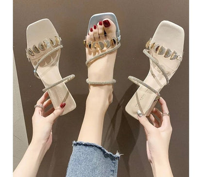 Square-Toe Block Heel Rhinestone Slide Sandals