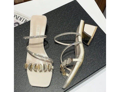 Square-Toe Block Heel Rhinestone Slide Sandals