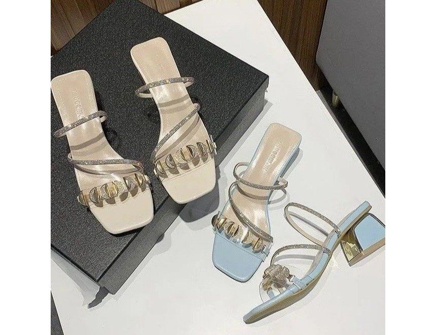 Square-Toe Block Heel Rhinestone Slide Sandals