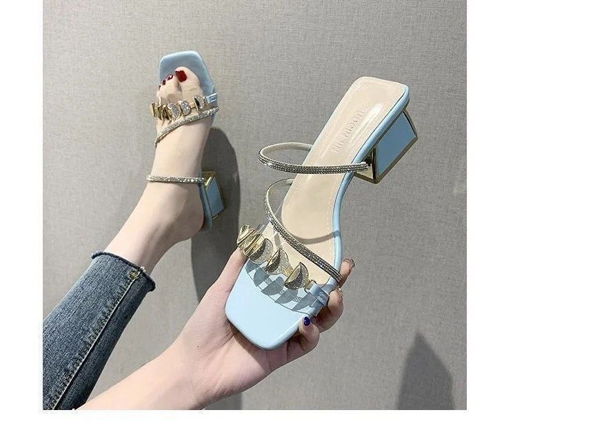 Square-Toe Block Heel Rhinestone Slide Sandals