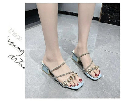 Square-Toe Block Heel Rhinestone Slide Sandals