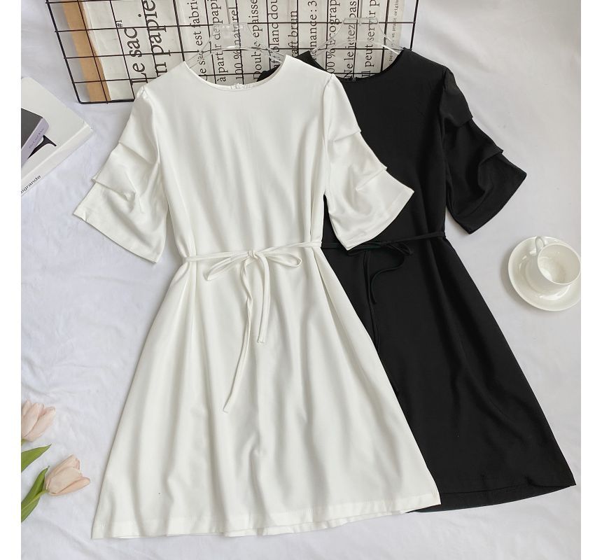 Elbow-Sleeve Crewneck Plain A-Line Dress