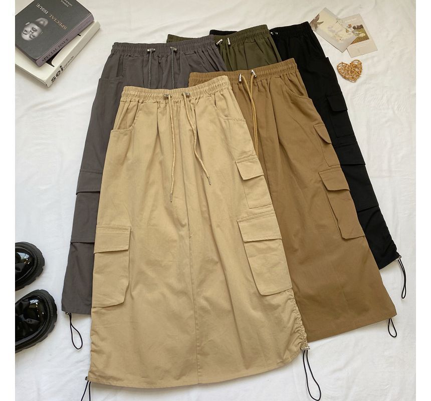 High Waist Plain Midi A-Line Cargo Skirt