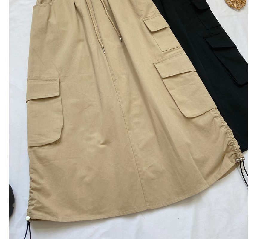 High Waist Plain Midi A-Line Cargo Skirt