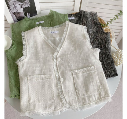 V-Neck Plain Button-Up Vest