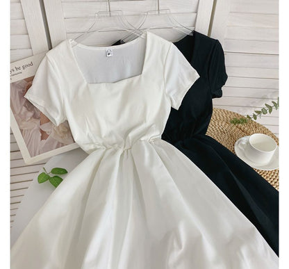 Short-Sleeve Square-Neck Plain A-Line Dress