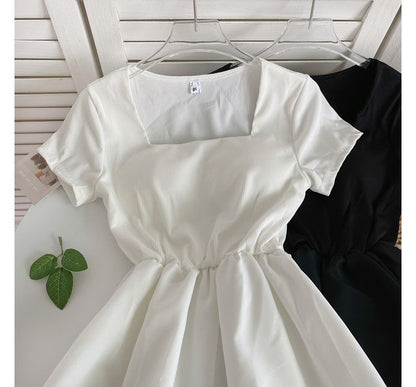 Short-Sleeve Square-Neck Plain A-Line Dress