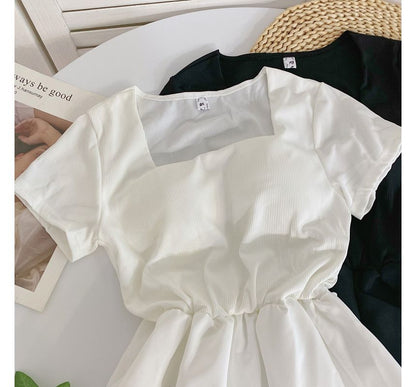 Short-Sleeve Square-Neck Plain A-Line Dress