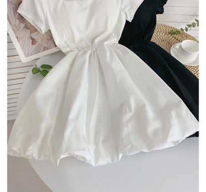 Short-Sleeve Square-Neck Plain A-Line Dress