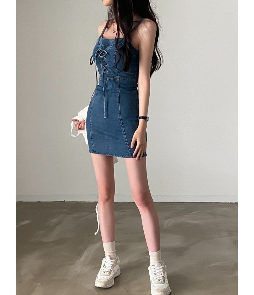 Spaghetti Strap Lace Up Mini Sheath Denim Dress