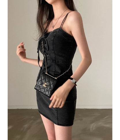 Spaghetti Strap Lace Up Mini Sheath Denim Dress