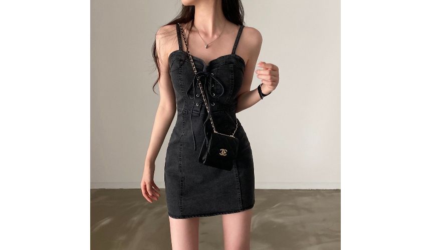 Spaghetti Strap Lace Up Mini Sheath Denim Dress