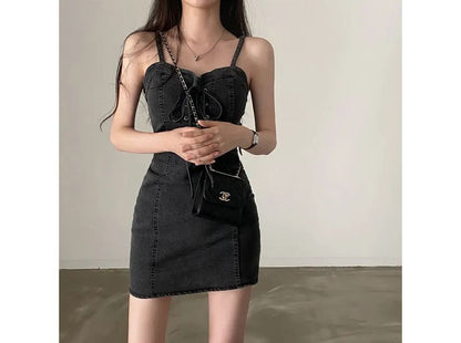 Spaghetti Strap Lace Up Mini Sheath Denim Dress