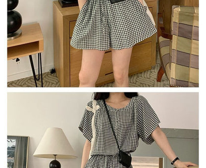 Short-Sleeve Round Neck Plaid Mock Two Piece Button Romper