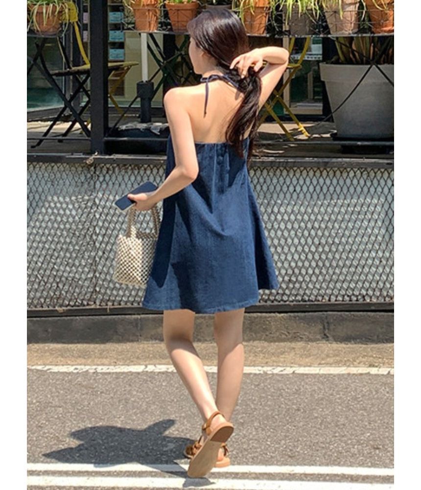 Halter Washed Mini A-Line Denim Dress