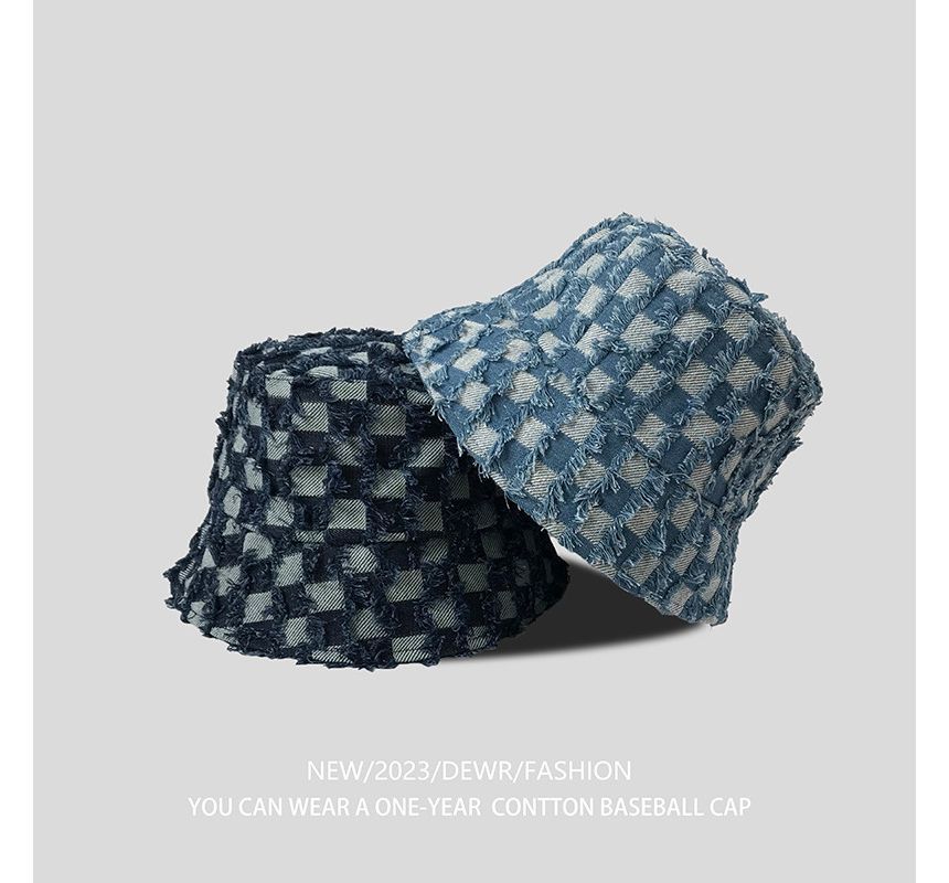Hat Fringed Bucket Checker Denim