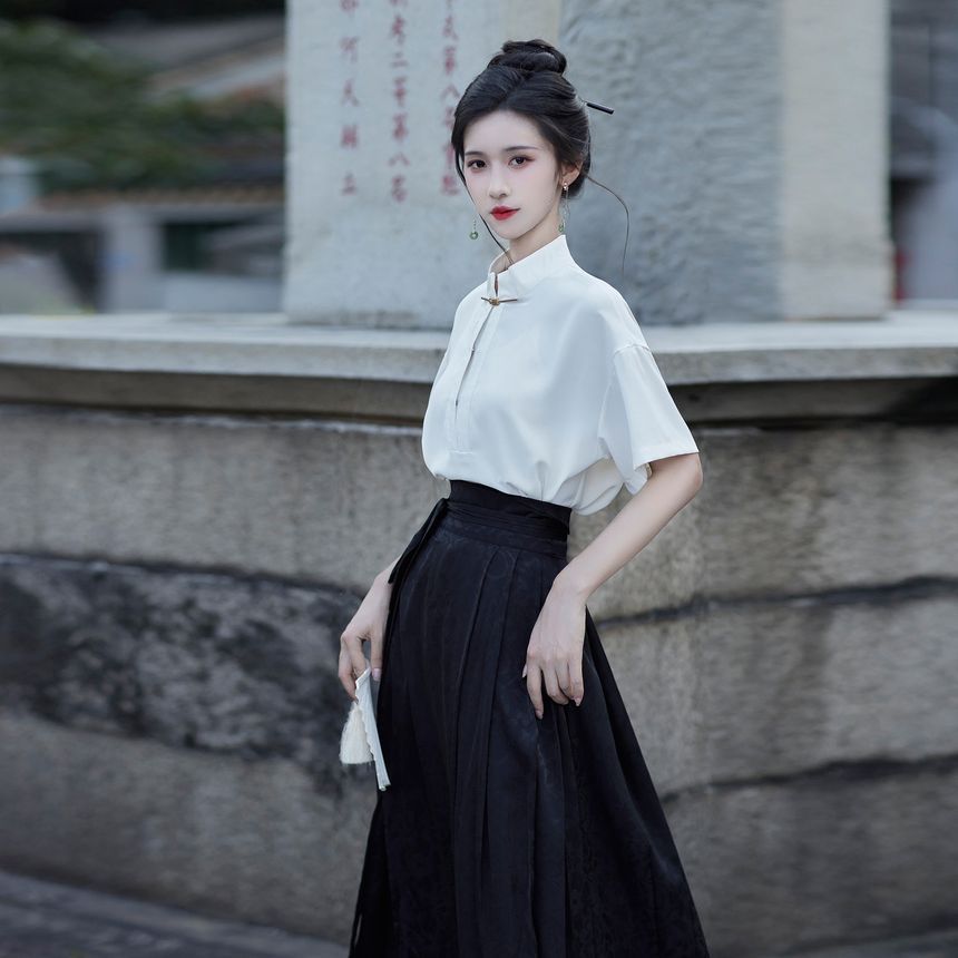 Short-Sleeve Stand Collar Plain Blouse / High Rise Maxi A-Line Skirt