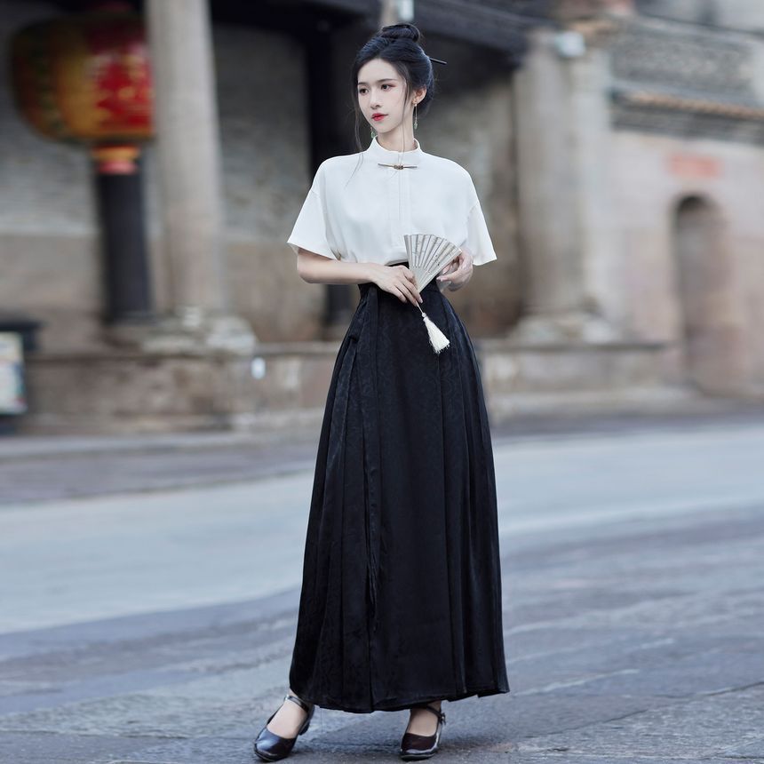 Short-Sleeve Stand Collar Plain Blouse / High Rise Maxi A-Line Skirt