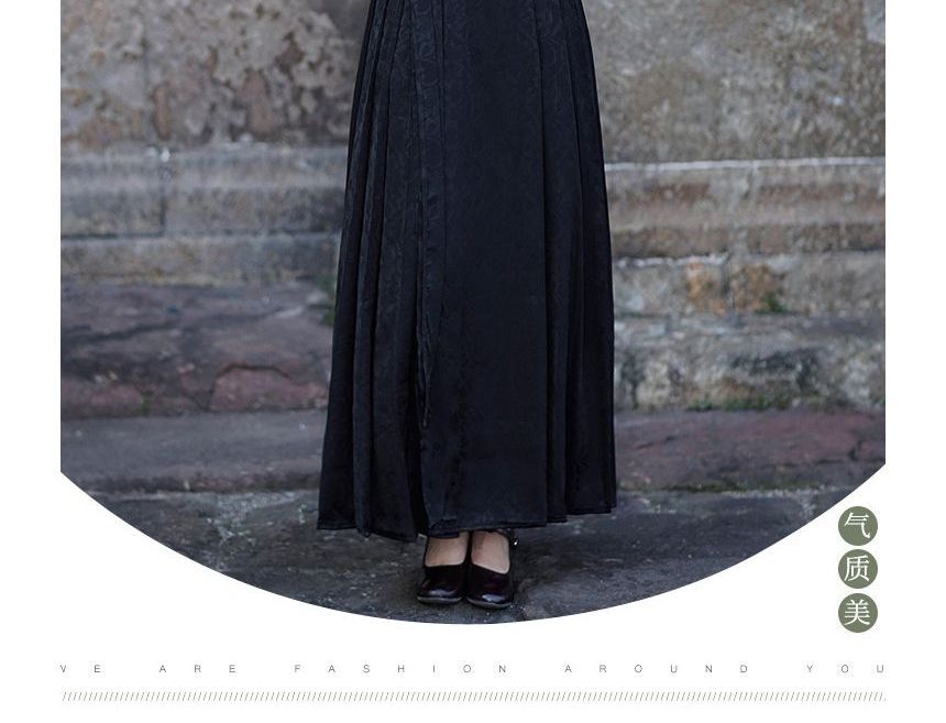 Short-Sleeve Stand Collar Plain Blouse / High Rise Maxi A-Line Skirt