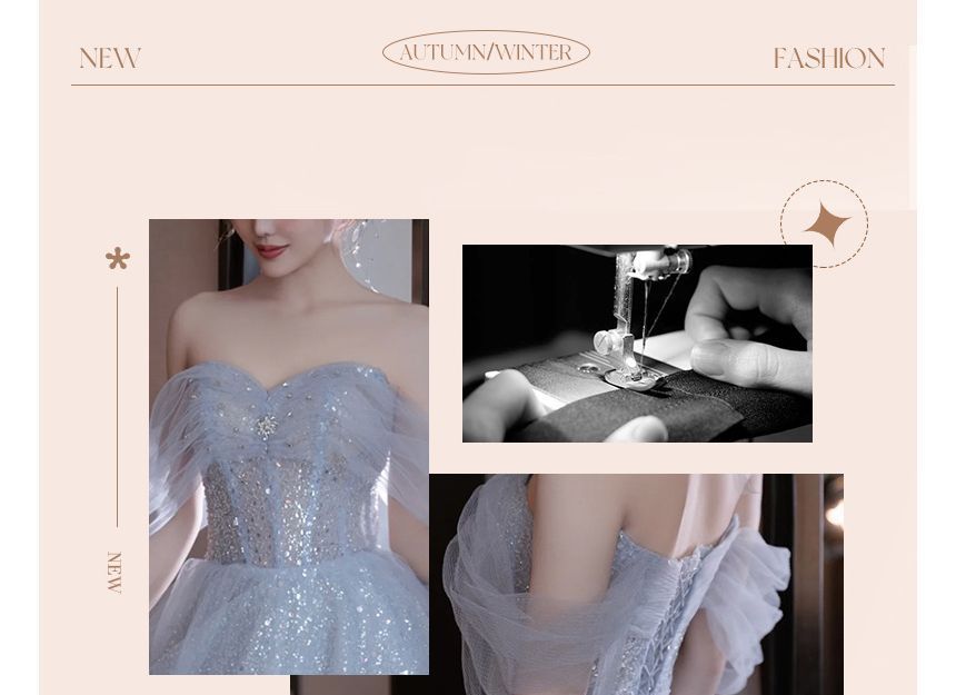 Glitter Gown Cold Shoulder A-Line Evening Midi