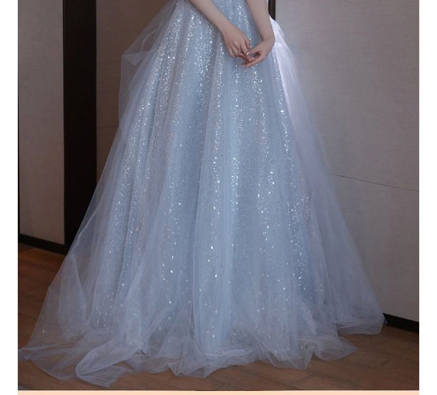 Glitter Gown Cold Shoulder A-Line Evening Midi