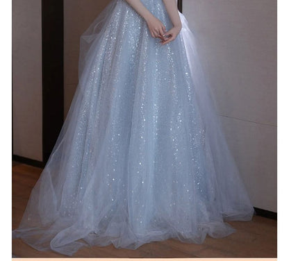 Glitter Gown Cold Shoulder A-Line Evening Midi