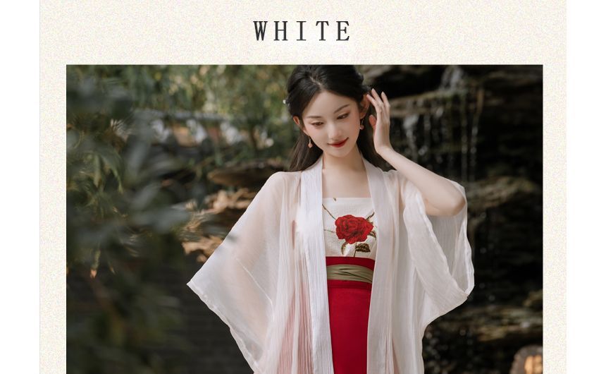 Set: Floral Print Camisole Top + Plain Midi Hanfu Jacket + High Waist Tie