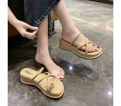 Platform Wedge Heel Toe-Loop Slide Sandals