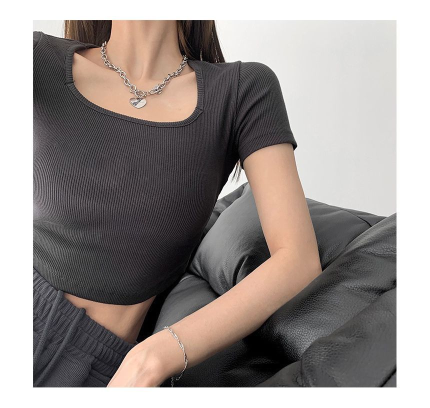 Cropped Plain Asymmetrical Square Neck Short-Sleeve T-Shirt