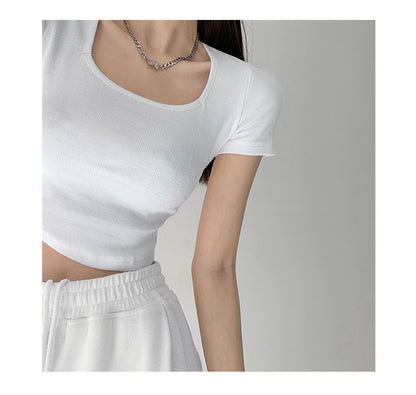 Cropped Plain Asymmetrical Square Neck Short-Sleeve T-Shirt