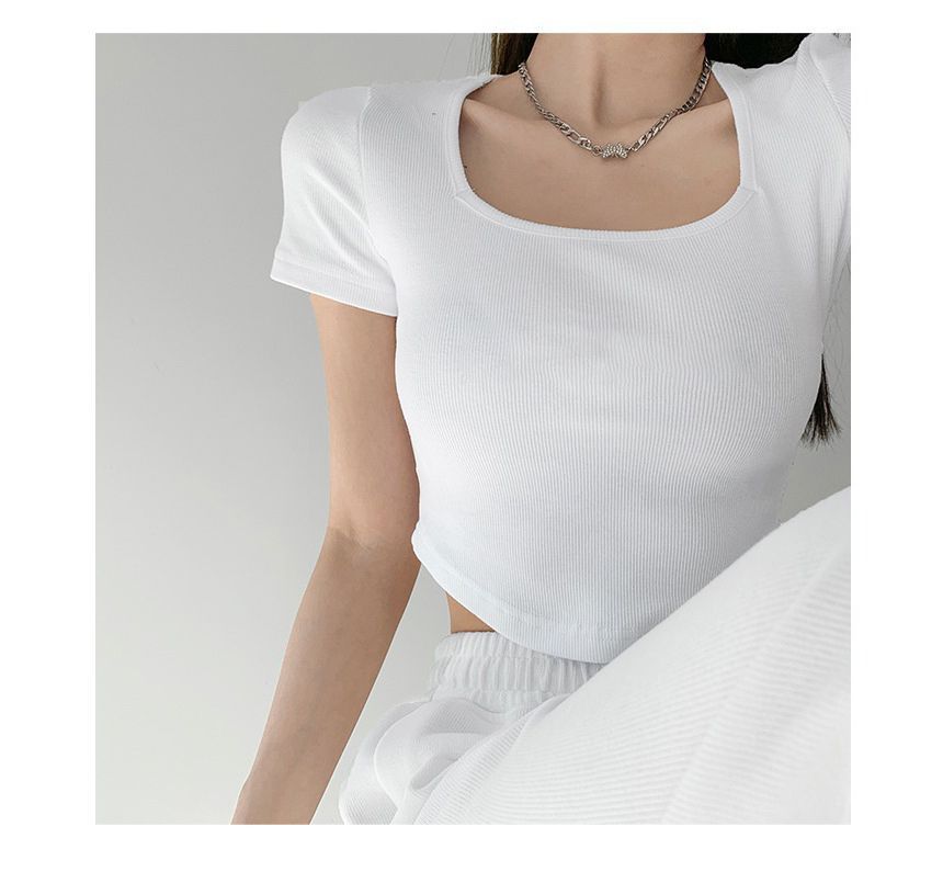 Cropped Plain Asymmetrical Square Neck Short-Sleeve T-Shirt