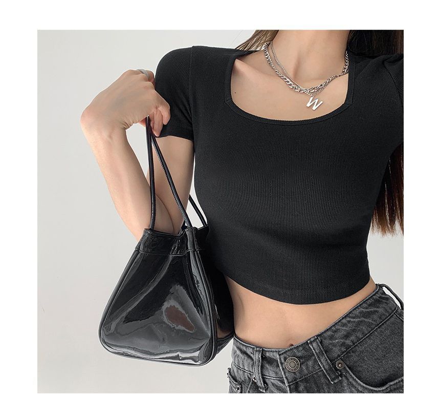 Cropped Plain Asymmetrical Square Neck Short-Sleeve T-Shirt