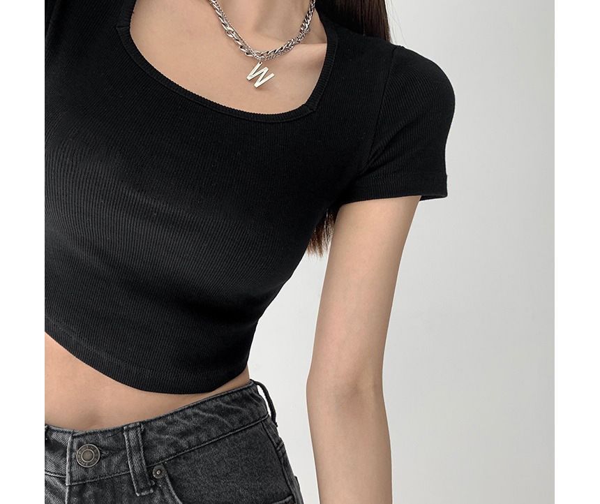 Cropped Plain Asymmetrical Square Neck Short-Sleeve T-Shirt